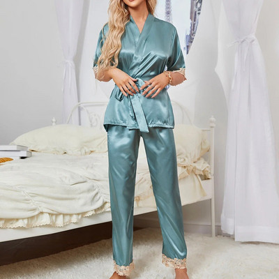 Lisacmvpnel Moteriškos pižamos ledo šilko pižamų rinkinys Seksualus nėriniuotas trumpomis rankovėmis miegui skirtas drabužis laisvalaikiui Paprasti namų drabužiai