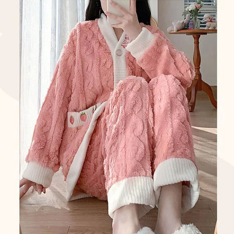 Bow naiste pidžaamakomplekt fliisist magamisriided, talve 2-osalised püksid, koduülikond koheva nööbiga armas Piiama soe samet ööriietus 2023 uus