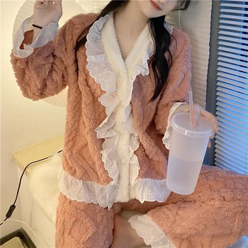 Дантелен комплект дамски пижами Зимно спално облекло Поларени кадифени панталони от 2 части Домашен костюм Sleep Fluffy Корейски плътни пияма Топли нощни дрехи
