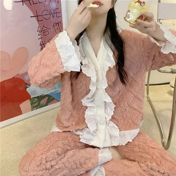 Дантелен комплект дамски пижами Зимно спално облекло Поларени кадифени панталони от 2 части Домашен костюм Sleep Fluffy Корейски плътни пияма Топли нощни дрехи