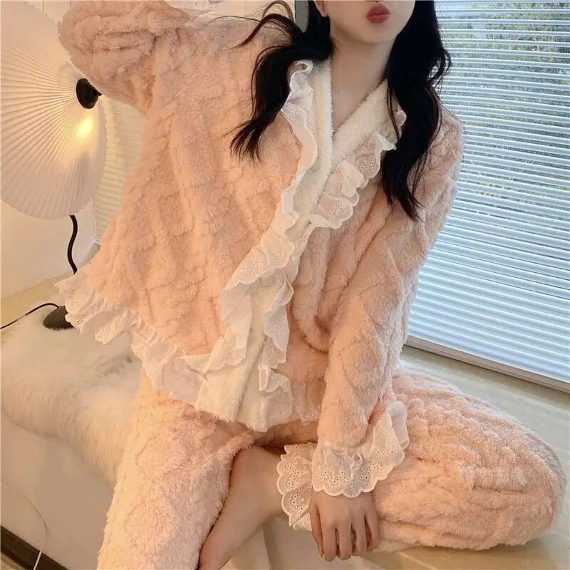 Pits naiste pidžaama komplekt Talvine magamisriided fliis samet 2-osaline püksid koduülikond uni kohev Korea Solid Piiama soe ööriietus