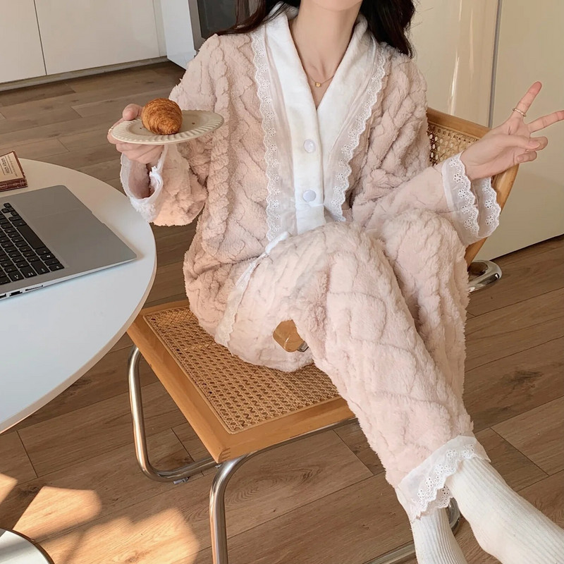 Pits naiste pidžaama komplekt Talvine magamisriided fliis samet 2-osaline püksid koduülikond uni kohev Korea Solid Piiama soe ööriietus