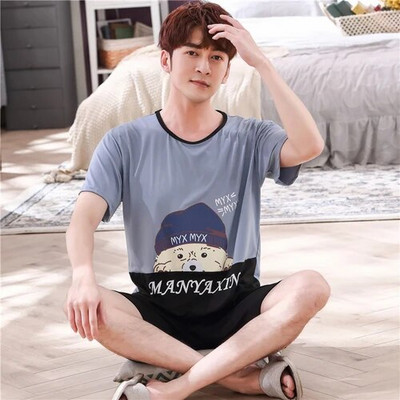 Pižamos rinkinys Vyriškas plonas medvilninis trumpas rankovės mielas animacinis filmas Vyriškas vasaros laisvalaikis Laisvi namų rūbai Drabužiai Laisvi vyriški miegui skirti drabužiai