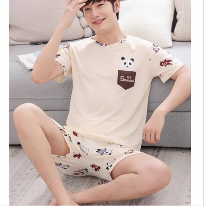 Pižamos rinkinys Vyriškas plonas medvilninis trumpas rankovės mielas animacinis filmas Vyriškas vasaros laisvalaikis Laisvi namų rūbai Drabužiai Laisvi vyriški miegui skirti drabužiai