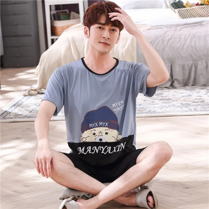Pižamos rinkinys Vyriškas plonas medvilninis trumpas rankovės mielas animacinis filmas Vyriškas vasaros laisvalaikis Laisvi namų rūbai Drabužiai Laisvi vyriški miegui skirti drabužiai