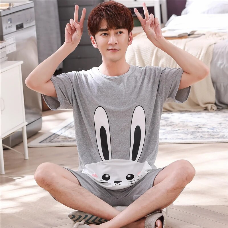 Pižamos rinkinys Vyriškas plonas medvilninis trumpas rankovės mielas animacinis filmas Vyriškas vasaros laisvalaikis Laisvi namų rūbai Drabužiai Laisvi vyriški miegui skirti drabužiai