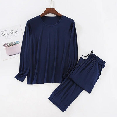 Pavasario/rudens vyriškos Modalinės viskozės plonos ilgomis rankovėmis ilgos kelnės pižamos megztiniai, vienspalviai 2 vnt. kostiumo pižamos vyrams