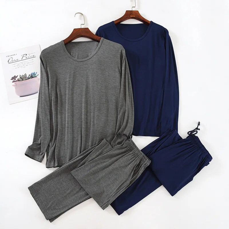 Pavasario/rudens vyriškos Modalinės viskozės plonos ilgomis rankovėmis ilgos kelnės pižamos megztiniai, vienspalviai 2 vnt. kostiumo pižamos vyrams