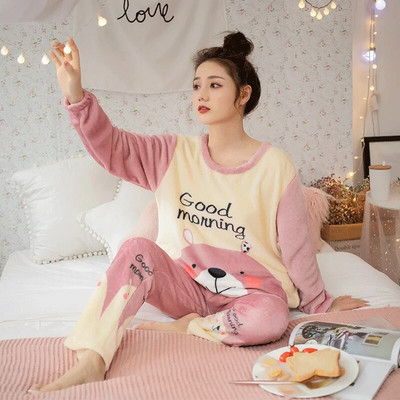 Flanellist naiste pidžaamakomplektid Sügistalvised magamisriided Armastus trükitud triibuline sametpidžaama naistele Pijama Mujer 2-osaline Pjs koduriided