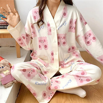 WEIRDO Стил на японско кимоно Есен Зима Дамски комплекти пижами Памучни домашни костюми с дълги ръкави Ежедневни спални дрехи с V-образно деколте и ревер