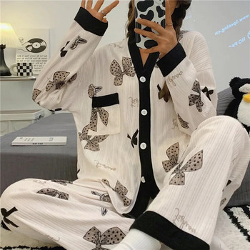 WEIRDO Стил на японско кимоно Есен Зима Дамски комплекти пижами Памучни домашни костюми с дълги ръкави Ежедневни спални дрехи с V-образно деколте и ревер