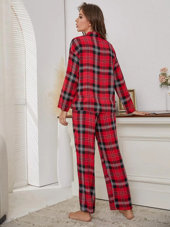 Червени карирани дамски пижами 2 части спално облекло Горнища и панталони Есенни зимни пижами Домашно облекло Дрехи с предно копче и джоб на гърдите