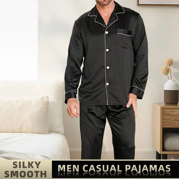 Мъжки ледени копринени пижами Спално облекло Пижамни комплекти Нощни дрехи Черно синьо L XXL 3XL 4XL Дълги ръкави Дълги панталони Гладки едноцветни