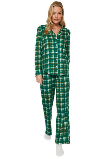 Обикновен дамски пижамен комплект с карирани/карирани дрехи Trendyol с дълъг ръкав