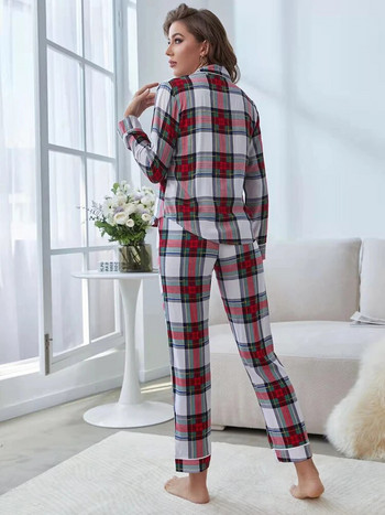 Есенни пролетни комплекти дамски пижами Дамски комплекти с дълъг ръкав Домашно облекло Костюм Зимни карирани щампи Горнища за сън Панталони от 2 бр.