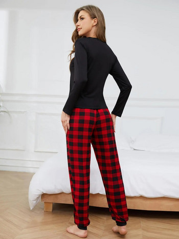 Дамски комплекти пижами с дълги ръкави, горна част с О-образно деколте и карирани панталони с пълна дължина, 2 бр. Дамско спално облекло, спално облекло с еластични връзки