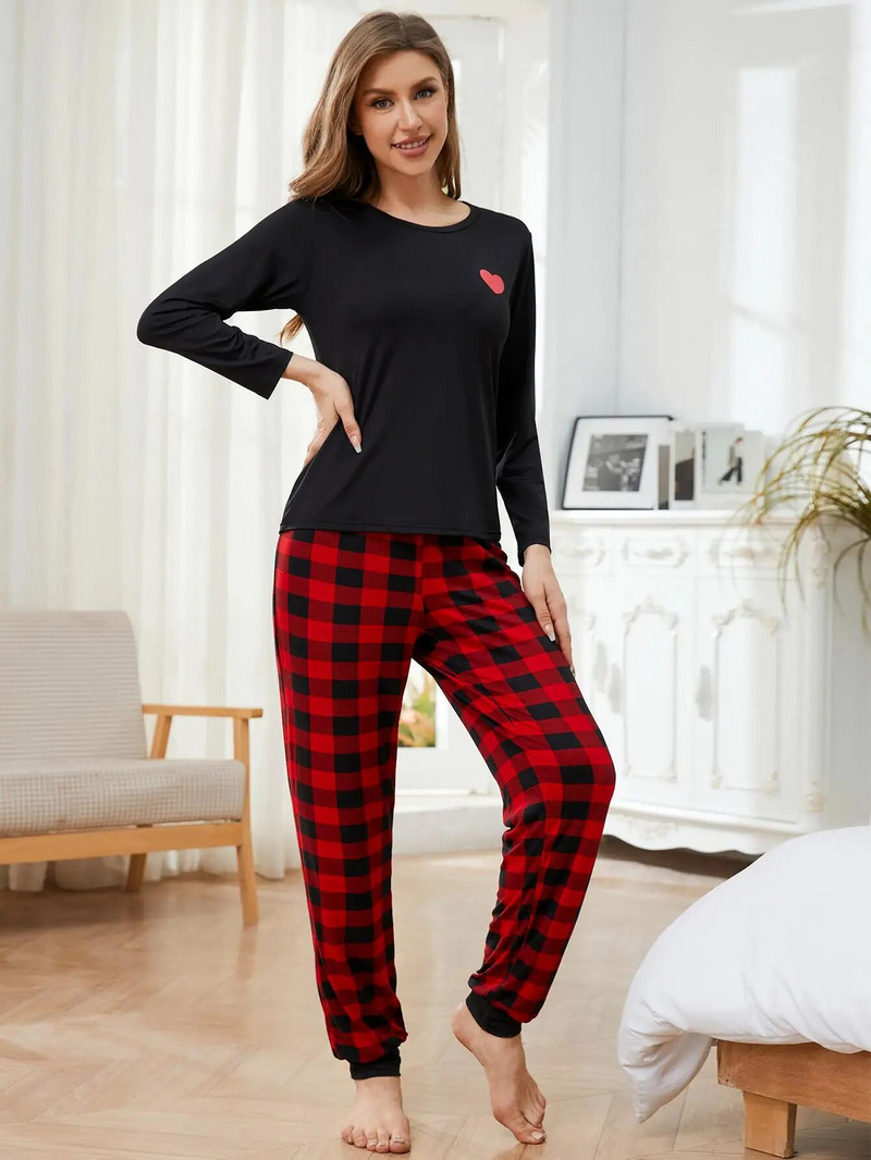 Naiste pidžaamakomplektid pikkade varrukatega O-kaelusega ülaosa ja täispikad ruudulised püksid, 2-osaline naiste magamisriided, elastsed nööriga ööriided