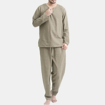 2бр./Комплект пижами Мъжки едноцветни пуловери с дълъг ръкав Горнище с еластичен кръст Панталони Пижами Мъжко спално облекло Нощно пижама homme