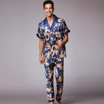 SSH021 Őszi nyári nappaliruha rövid ujjú hosszú nadrág pizsama szett férfi nyomott szatén selyem pizsama férfi pizsama pizsama hálóruha