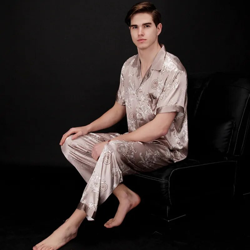 SSH021 Jesen Ljeto Salonke Kratki rukavi Duge hlače Komplet pidžama Muška satenska svilena pidžama s printom Muška pidžama Pidžama Pidžama