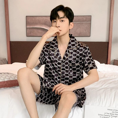 Meeste suvine pidžaama meestele, ülisuured reväärinööbid, siidist meeste pidžaamad lühikeste pükstega, poiste satiinist magamisriiete komplekt, pidžaama Mujer