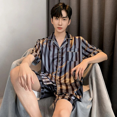 Meeste suvine pidžaama meestele, ülisuured reväärinööbid, siidist meeste pidžaamad lühikeste pükstega, poiste satiinist magamisriiete komplekt, pidžaama Mujer