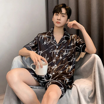 Meeste suvine pidžaama meestele, ülisuured reväärinööbid, siidist meeste pidžaamad lühikeste pükstega, poiste satiinist magamisriiete komplekt, pidžaama Mujer