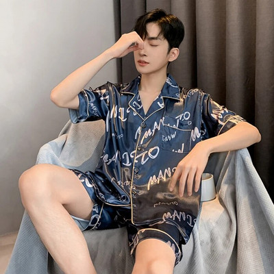 Meeste suvine pidžaama meestele, ülisuured reväärinööbid, siidist meeste pidžaamad lühikeste pükstega, poiste satiinist magamisriiete komplekt, pidžaama Mujer