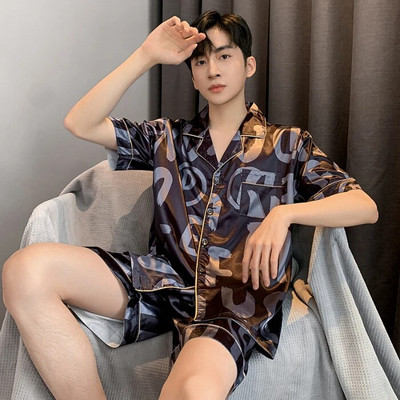 Meeste suvine pidžaama meestele, ülisuured reväärinööbid, siidist meeste pidžaamad lühikeste pükstega, poiste satiinist magamisriiete komplekt, pidžaama Mujer