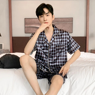 Meeste suvine pidžaama meestele, ülisuured reväärinööbid, siidist meeste pidžaamad lühikeste pükstega, poiste satiinist magamisriiete komplekt, pidžaama Mujer