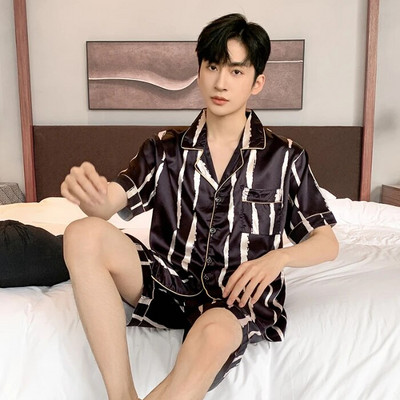 Meeste suvine pidžaama meestele, ülisuured reväärinööbid, siidist meeste pidžaamad lühikeste pükstega, poiste satiinist magamisriiete komplekt, pidžaama Mujer