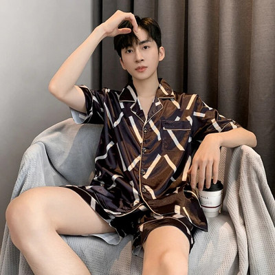 Meeste suvine pidžaama meestele, ülisuured reväärinööbid, siidist meeste pidžaamad lühikeste pükstega, poiste satiinist magamisriiete komplekt, pidžaama Mujer