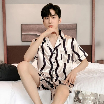 Meeste suvine pidžaama meestele, ülisuured reväärinööbid, siidist meeste pidžaamad lühikeste pükstega, poiste satiinist magamisriiete komplekt, pidžaama Mujer