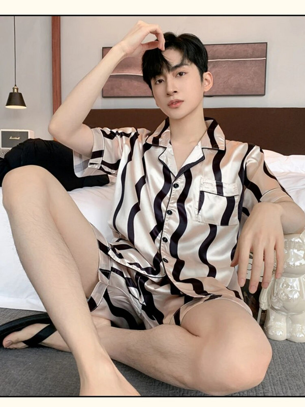 Meeste suvine pidžaama meestele, ülisuured reväärinööbid, siidist meeste pidžaamad lühikeste pükstega, poiste satiinist magamisriiete komplekt, pidžaama Mujer