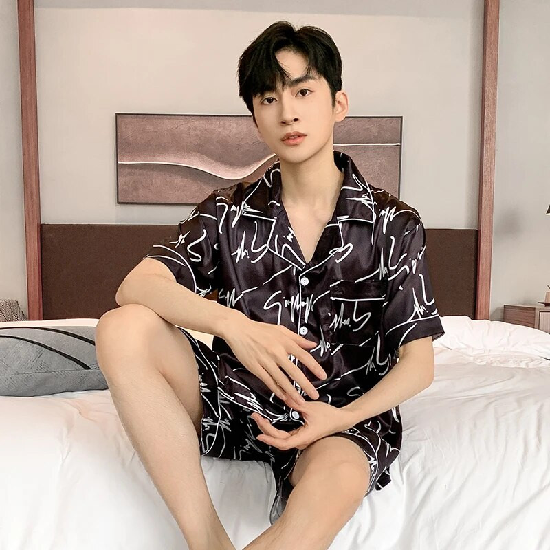 Meeste suvine pidžaama meestele, ülisuured reväärinööbid, siidist meeste pidžaamad lühikeste pükstega, poiste satiinist magamisriiete komplekt, pidžaama Mujer