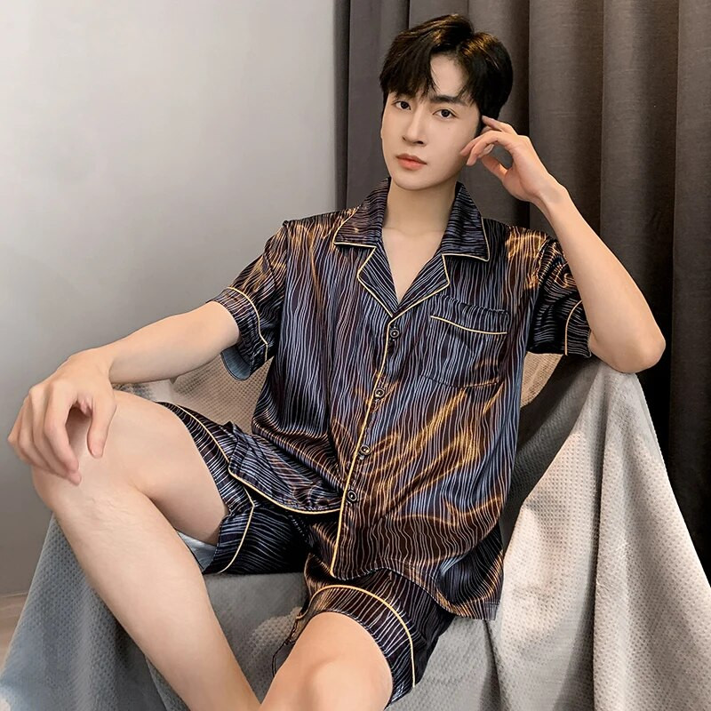 Meeste suvine pidžaama meestele, ülisuured reväärinööbid, siidist meeste pidžaamad lühikeste pükstega, poiste satiinist magamisriiete komplekt, pidžaama Mujer