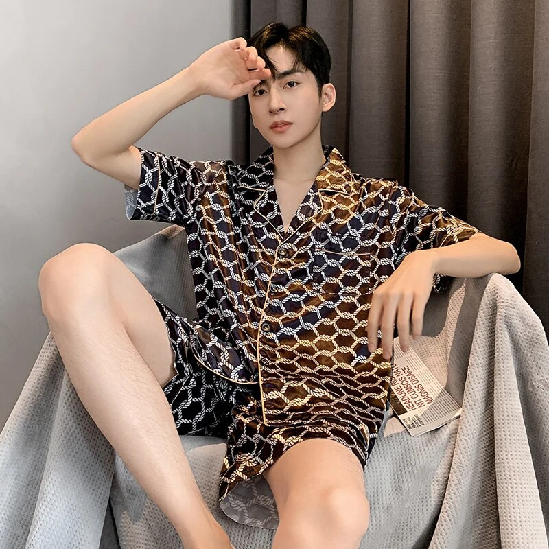 Meeste suvine pidžaama meestele, ülisuured reväärinööbid, siidist meeste pidžaamad lühikeste pükstega, poiste satiinist magamisriiete komplekt, pidžaama Mujer