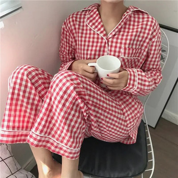 Пролетен комплект стилни и сервизни пижами от 2 части Дамски карирани дамски есенни пижами Панталони Ежедневни мрежести ревери Червени с дълги ръкави
