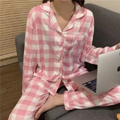 Proljetni 2-dijelni stilski i uslužni komplet pidžama Kućna karirana ženska ženska jesenska pidžama Hlače s ležernim mrežastim reverom, crvene dugih rukava
