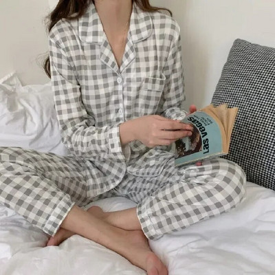 Proljetni 2-dijelni stilski i uslužni komplet pidžama Kućna karirana ženska ženska jesenska pidžama Hlače s ležernim mrežastim reverom, crvene dugih rukava