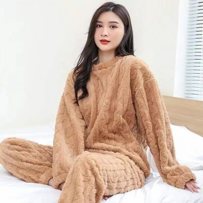 Χειμερινό γυναικείο σετ πυτζάμες Fleece Sleepwear Solid Velvet 2 τεμαχίων Παντελόνι Σπίτι κοστούμι Fluffy Piiama Ζεστό νυχτερινό με λαιμόκοψη 2023
