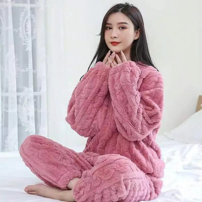 Χειμερινό γυναικείο σετ πυτζάμες Fleece Sleepwear Solid Velvet 2 τεμαχίων Παντελόνι Σπίτι κοστούμι Fluffy Piiama Ζεστό νυχτερινό με λαιμόκοψη 2023