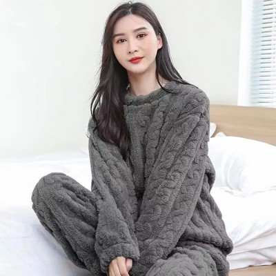 Χειμερινό γυναικείο σετ πυτζάμες Fleece Sleepwear Solid Velvet 2 τεμαχίων Παντελόνι Σπίτι κοστούμι Fluffy Piiama Ζεστό νυχτερινό με λαιμόκοψη 2023