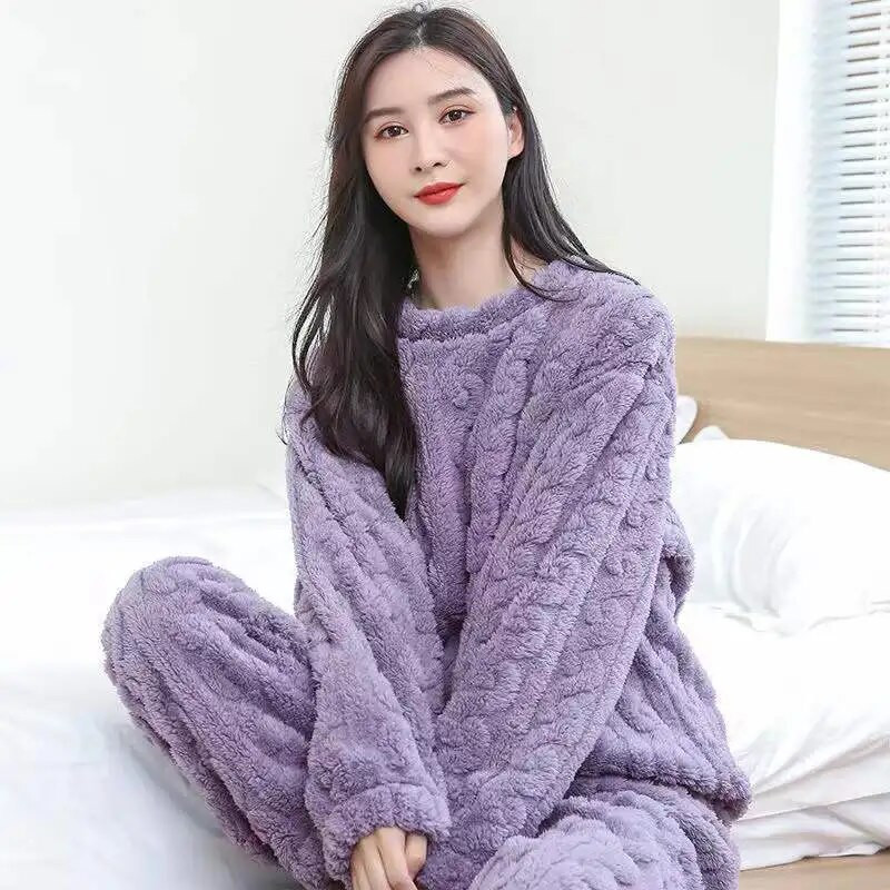 Χειμερινό γυναικείο σετ πυτζάμες Fleece Sleepwear Solid Velvet 2 τεμαχίων Παντελόνι Σπίτι κοστούμι Fluffy Piiama Ζεστό νυχτερινό με λαιμόκοψη 2023