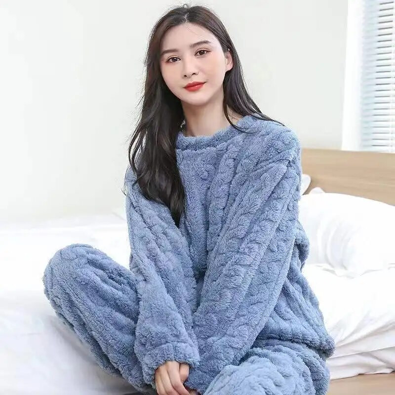 Χειμερινό γυναικείο σετ πυτζάμες Fleece Sleepwear Solid Velvet 2 τεμαχίων Παντελόνι Σπίτι κοστούμι Fluffy Piiama Ζεστό νυχτερινό με λαιμόκοψη 2023