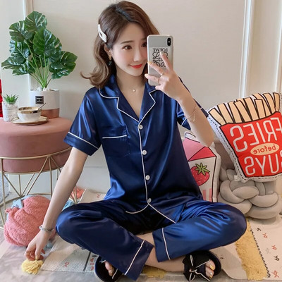 Nyári pizsama szettek Női szatén party pizsama szett női 2 részes pizsama rövid ujjú, hétköznapi otthoni ruha tavaszi selyem hálóruha szett