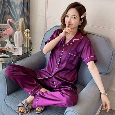 Nyári pizsama szettek Női szatén party pizsama szett női 2 részes pizsama rövid ujjú, hétköznapi otthoni ruha tavaszi selyem hálóruha szett