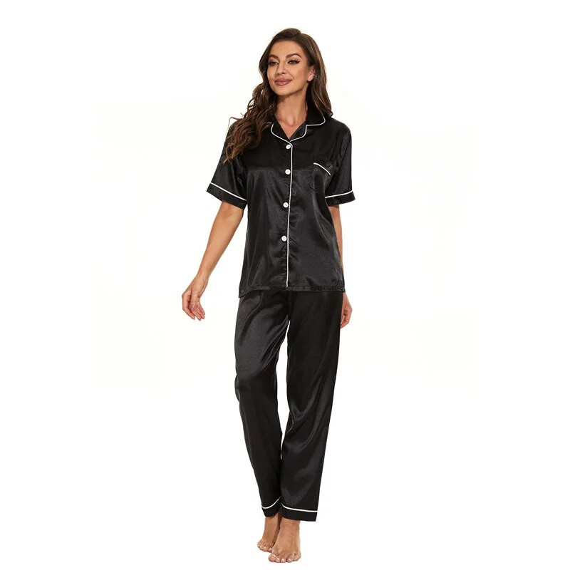 Nyári pizsama szettek Női szatén party pizsama szett női 2 részes pizsama rövid ujjú, hétköznapi otthoni ruha tavaszi selyem hálóruha szett