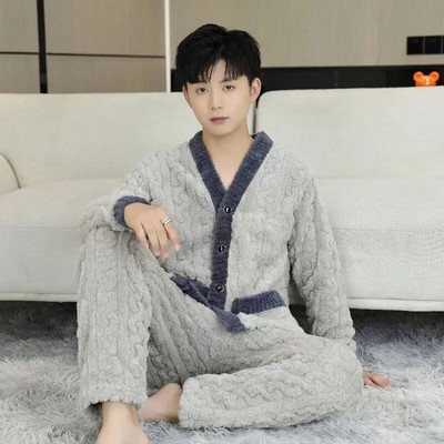 Komplet pidžama od koraljnog flisa, muška spavaća odjeća, zimska pidžama, kardigan, komplet od 2 komada, topla spavaćica od flanela za slobodno vrijeme, zadebljana kućna odjeća