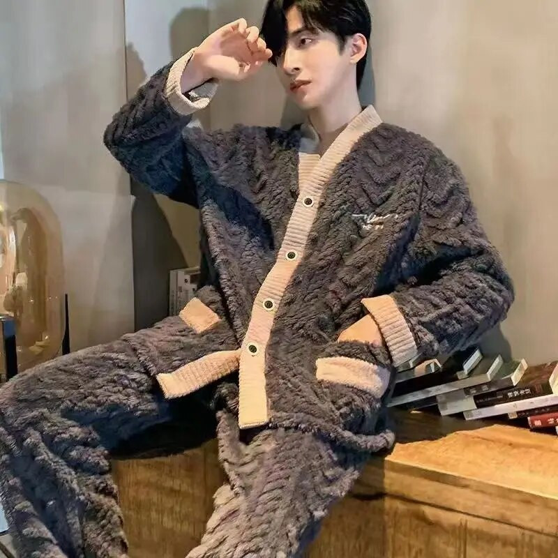 Komplet pidžama od koraljnog flisa, muška spavaća odjeća, zimska pidžama, kardigan, komplet od 2 komada, topla spavaćica od flanela za slobodno vrijeme, zadebljana kućna odjeća